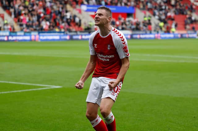 Rotherham United's Paul Mullin celebrates his goal against Chesterfield.