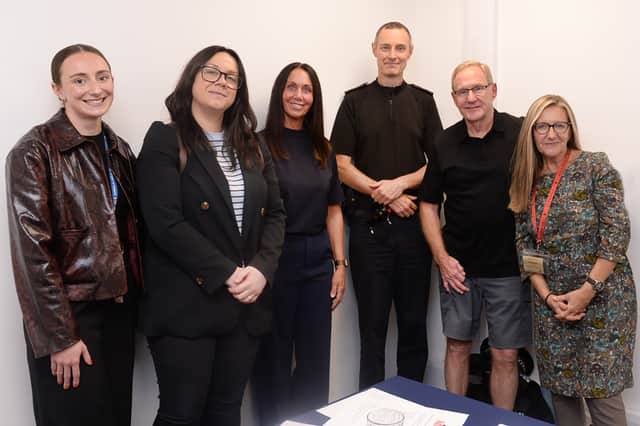 With Iconic Media Group's senior business partner Dionne Allen (third left) are, left to right, Megan Jepson, Carrie Sudbury, Insp John Crapper, John Breckin and Deborah Bullivant