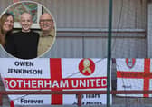 The Millers supporters club flag for Owen Jenkinson was unfurled during the Fleetwood match. He is pictured inset at his Whiston home with his parents Andrea and Bill