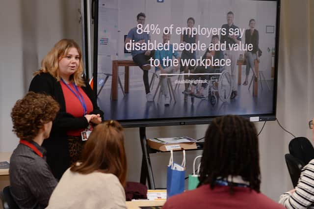 Supported internship coordinator Angela Thursby spoke to potential employers about the benefits of supported internships for students