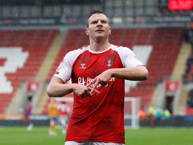 Paul Mullin celebrates his first goal for Rotherham United against Shrewsbury Town