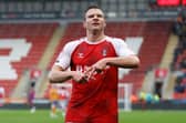 Paul Mullin celebrates his first goal for Rotherham United against Shrewsbury Town