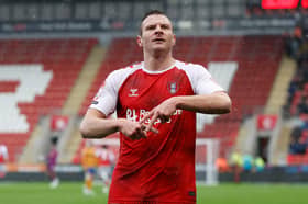 Paul Mullin celebrates his first goal for Rotherham United against Shrewsbury Town