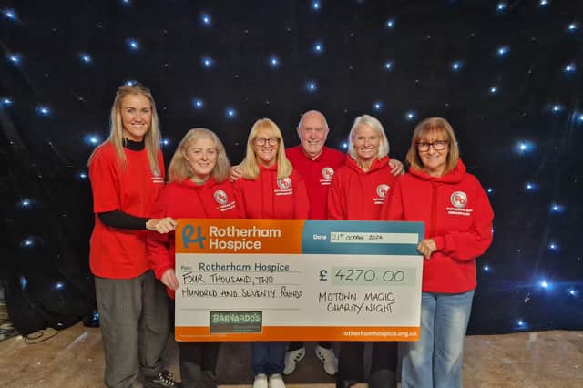 (L-R) Jamie Mitchell from Rotherham Hospice, Abbie Parkin from Wickerlsey Club, Dawn and Carl Lucock, Paws to Hooves' Diane Blackham and Debbie Houghton from Barnardo's