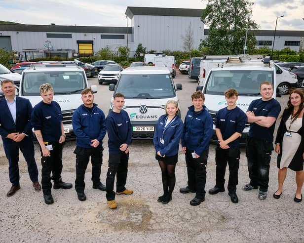 (L-R) Equans project director, Neil Wright,  with apprentices Carter, Shae, Liam, Gracie, Stephen, Konner, and Alex, and Rotherham Council head of housing property services, Lynsey Stephenson