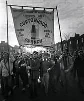 Miners Strike March 5th 1985. Cortonwood Pit. Miners march back to work
