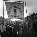 Miners Strike March 5th 1985. Cortonwood Pit. Miners march back to work