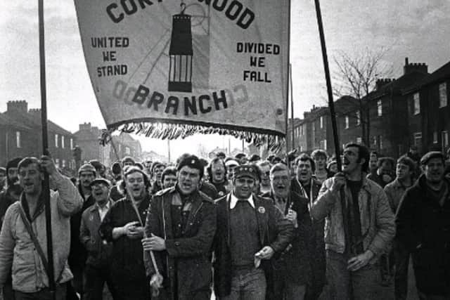 Miners Strike March 5th 1985. Cortonwood Pit. Miners march back to work