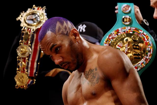SHEFFIELD, UNITED KINGDOM - MAY 12: Junior Witter enters the ring during his British Welterweight Championship bout with Colin Lynes at Hillsborough Leisure Centre on May 12, 2012 in Sheffield, England (Photo by Scott Heavey/Getty Images)