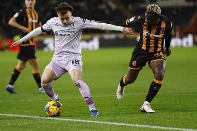 Ollie Rathbone in first-half action for Rotherham United during the Championship match at Hull City. Picture: Jim Brailsford