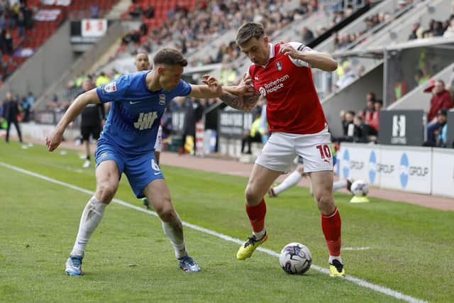 Jordan Hugill manages to play for Rotherham United against Birmingham City. Picture: Jim Brailsford
