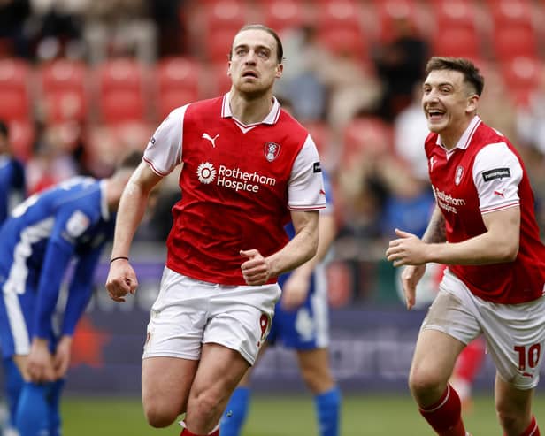 Tom Eaves celebrates the first of his two Rotherham United goals against Cardiff City. Picture: Jim Brailsford