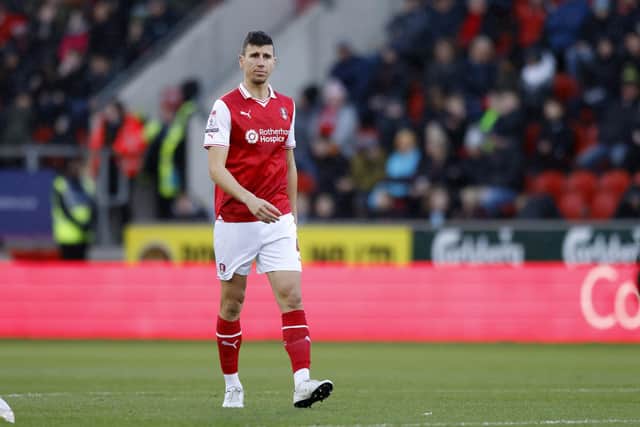 Daniel Ayala takes the long walk for Rotherham United after his sending-off against Swansea City. Picture: Jim Brailsford