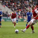 Tom Eaves converts the penalty for Rotherham United against Cardiff City. Picture: Jim Brailsford