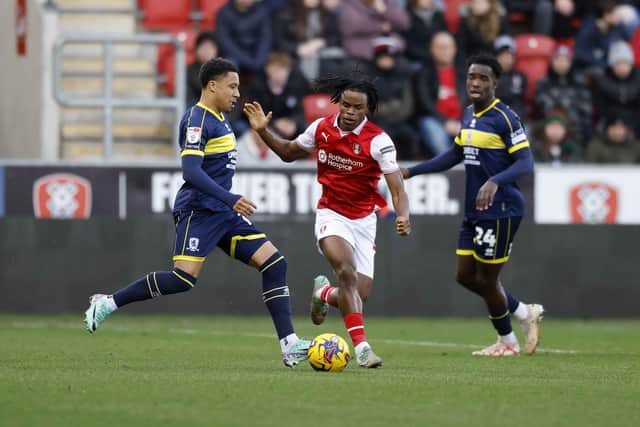 Dexter Lembikisa tries to make ground for Rotherham United against Middlesbrough in the first half of the Championship clash at AESSEAL New York Stadium. Picture: Jim Brailsford