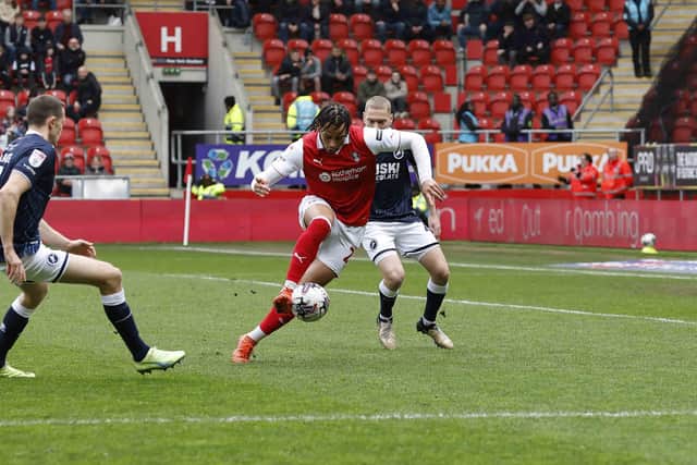 Sam Nombe in possession for Rotherham United against Millwall at AESSEAL New York Stadium. Picture: Jim Brailsford