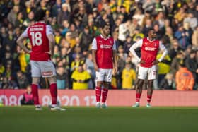 Rotherham players look dejected during the Sky Bet Championship match between Norwich City and Rotherham United at Carrow Road, Norwich on Saturday 9th March 2024. (Photo: David Watts | MI News)