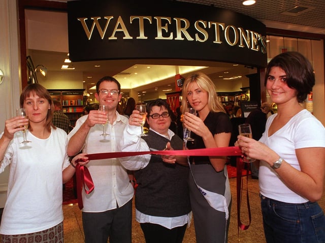 The opening of Waterstone's Book shop, The Arcade, Meadowhall in 1998. Seen LtoR are, Jo Humpreys-Davies, James Faraday, Kirsty Farrelly, Julie Melvin Miss Sheffield who cut the tape to open the shop, and Alex Eyre.