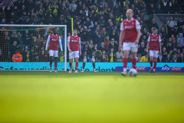 Dejection for Rotherham United players after going 4-0 down during the Championship clash with Norwich City at Carrow Road. Picture: David Watts | MI News