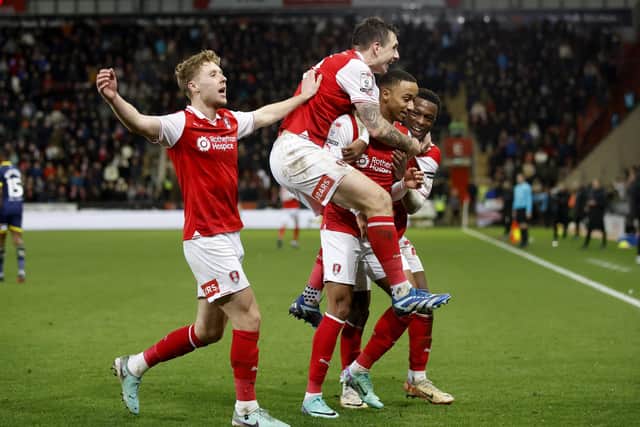 Rotherham United players celebrate as Cohen Bramall puts them in front against Middlesbrough. Picture: Jim Brailsford