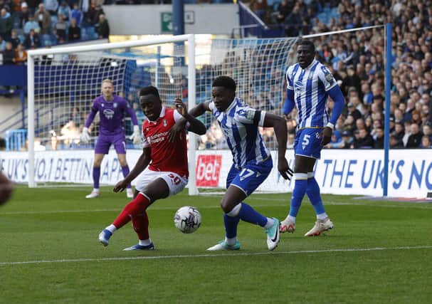 Arvin Appiah in early first-half action for Rotherham United at Sheffield Wednesday, Picture: Jim Brailsford