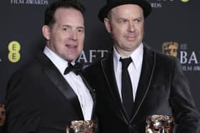 Johnnie Burn and Tarn Willers pose with Sound Award for 'The Zone of Interest' in the Winners Room during the EE BAFTA Film Awards 2024. (Photo by John Phillips/Getty Images)