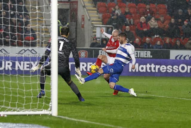 Georgie Kelly strikes at the back post for Rotherham United against QPR at AESSEAL New York Stadium. Picture: Jim Brailsford