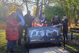 From left: Eric’s children Janet Higgins and Alan Atkin; MP John Healey; RBL standard bearer Thomas Backhouse; Wath RBL chairman Patrick Kenny; and Barry Theaker.