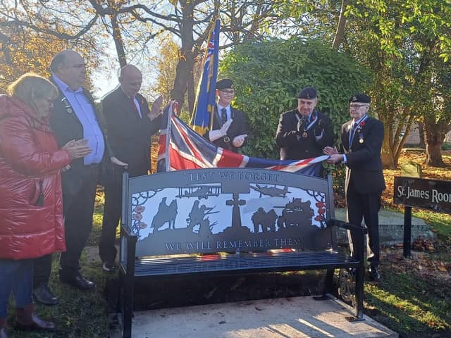 From left: Eric’s children Janet Higgins and Alan Atkin; MP John Healey; RBL standard bearer Thomas Backhouse; Wath RBL chairman Patrick Kenny; and Barry Theaker.