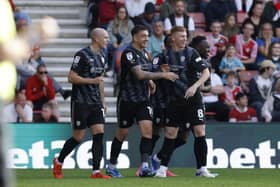 Jordan Hugill celebrates after hitting the target for Rotherham United at Southampton in the Championship. Picture: Jim Brailsford