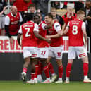 Jordan Hugill celebrates after putting Rotherham United in front against Preston North End at AESSEAL New York Stadium. Picture: Jim Brailsford