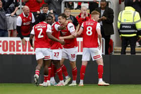 Jordan Hugill celebrates after putting Rotherham United in front against Preston North End at AESSEAL New York Stadium. Picture: Jim Brailsford