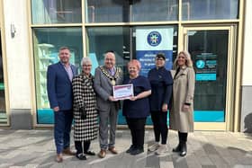 David Sinclair, The Glass Works centre manager, Mayoress and Mayor of Barnsley Elaine and James Michael Stowe, with Pat and Julie from The Foot Health Practice and Mechelle Mallison, income generation manager at Age UK Barnsley.