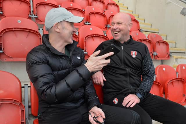 Head of Rotherham United academy recruitment Scott Duncanson chats to the Advertiser's Paul Davis at AESSEAL New York Stadium. Picture: Kerrie Beddows