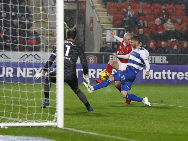 Georgie Kelly scores for Rotherham United in their Championship clash with QPR. Picture: Jim Brailsford