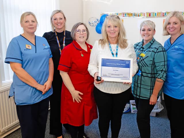 Chief Nursing Award winner Jane Darker (centre) is pictured with (from left to right) NHS England nursing, midwifery and allied health professional lead Victoria Bagshaw, RDaSH service manager Claire Castledine, RDaSH deputy director of nursing Kate McCandlish, RDaSH Rotherham care group associate nurse director Megan McNaney and NHS England health care support worker programme lead Rachel Hall.