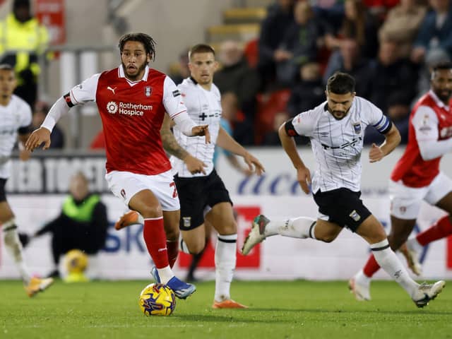 Scorer Sam Nombe in action for Rotherham United against Ipswich Town. Picture: Jim Brailsford