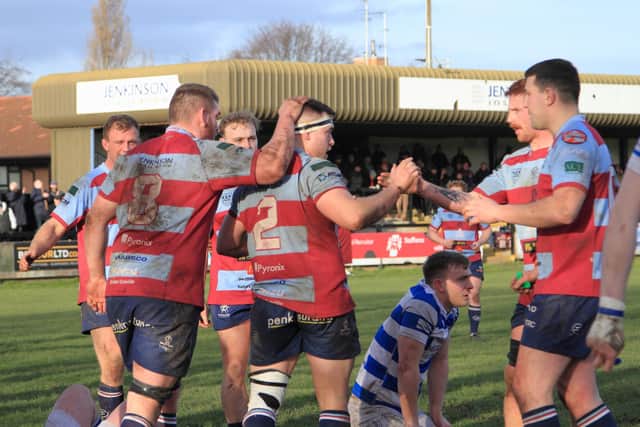 Celebrations after Luke Cole's opening try