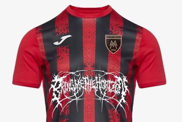 Maltby Main home shirt for 2024/25 with the Bring Me The Horizon logo