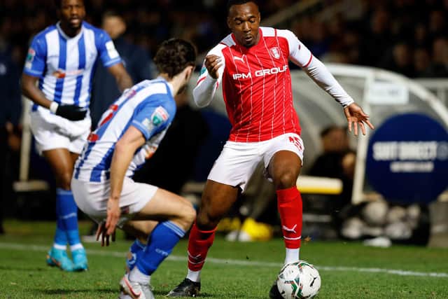 Tolaji Bola in action for Rotherham United in the Papa Johns trophy semi-final win at Hartlepool United in March 2022. He wouldn't make the squad for the final the following month. Picture: Jim Brailsford