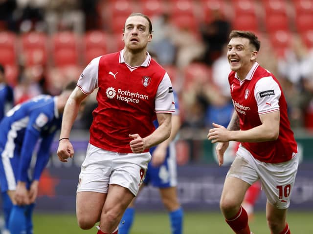 Tom Eaves celebrates the first of his two Rotherham United goals against Cardiff City. Picture: Jim Brailsford