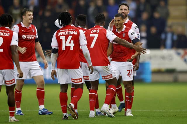 Lee Peltier celebrates his Championship goal for Rotherham United against Coventry City at AESSEAL New York Stadium. Picture: Jim Brailsford