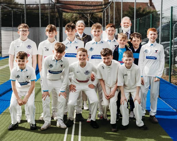 SMILES: Juniors from Anston CC with the Mayor and Mayoress of Rotherham at the opening of its new nets. Picture by LOUISE DEEMING