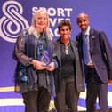HON0OURED: Jill Newbolt with Fatima Whitbread and Mo Farah