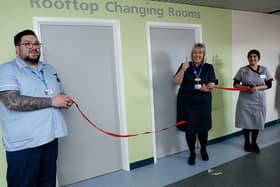 Deputy chief nurse, Cindy Storer (centre), unveils the Rooftop Changing Rooms at Rotherham Hospital