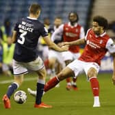 Striker Sam Nombe in first-half action for Rotherham United in their Championship clash with Millwall at the New Den this evening. Picture: Jim Brailsford