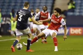 Striker Sam Nombe in first-half action for Rotherham United in their Championship clash with Millwall at the New Den this evening. Picture: Jim Brailsford