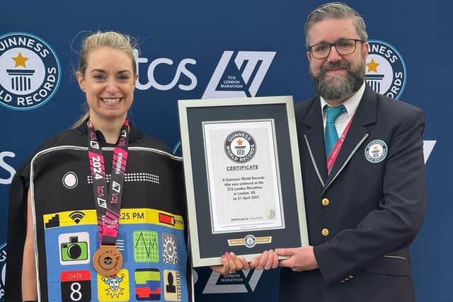 Karen Stebel with Guinness World Record adjudicator Mark McKinley