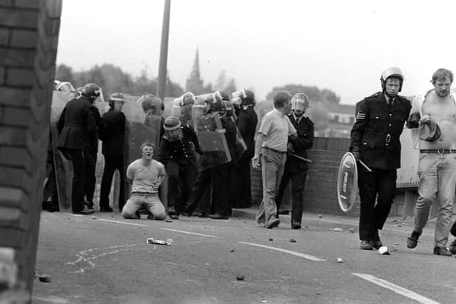 JUNE 18, 1984: Riot police and pickets at Orgreave