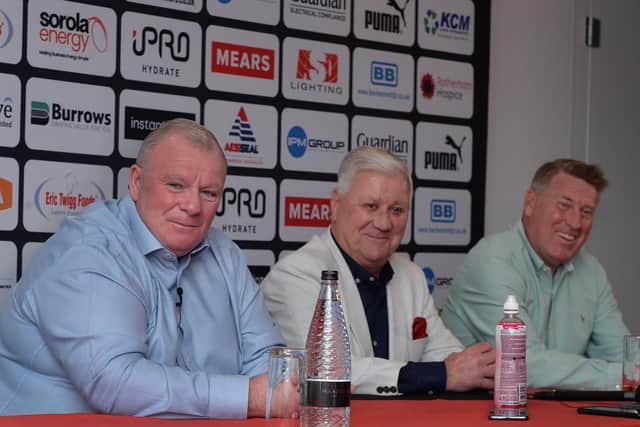 Today's Rotherham United press conference: Steve Evans, Tony Stewart and Paul Raynor. Picture: Kerrie Beddows.